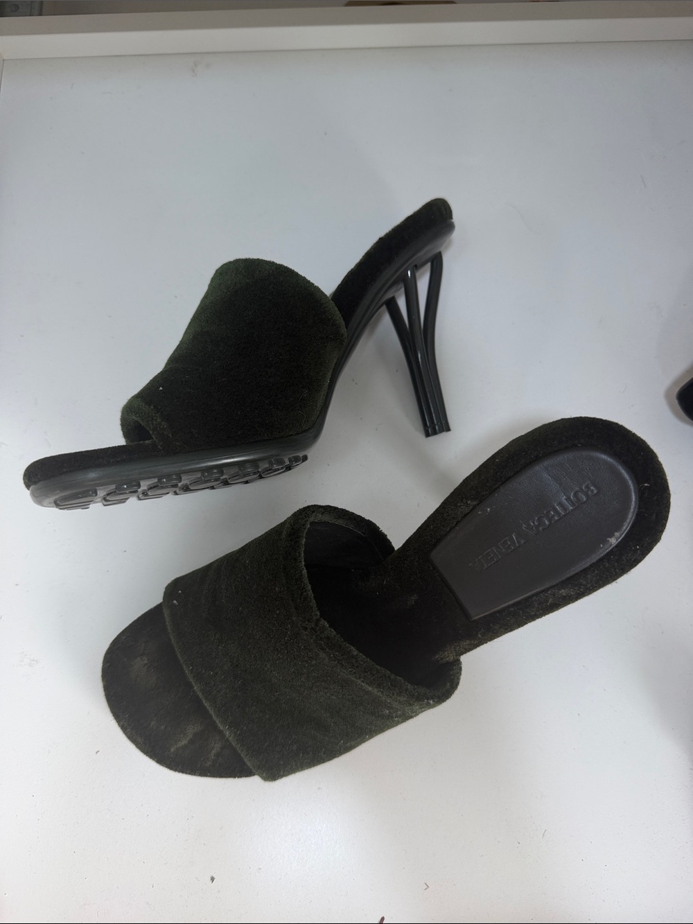 Bottega Veneta Dark Green Suede Open-Toe Mule Heels